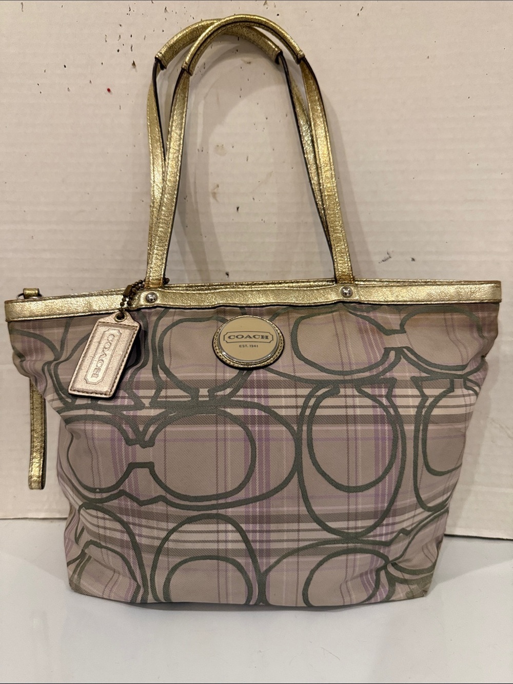 Coach Gray & Light Purple Plaid Signature Shoulder with Gold Leather Trim